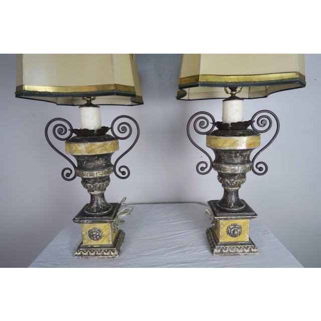 Mid 20th Century Neoclassical Style Carved Urn Lamps With Parchment Shades, a Pair For Sale - Image 5 of 8
