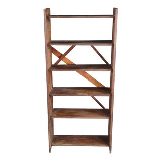 Late 20th Century Primitive Oak 6 Shelf Library Bookcase Bookshelf Office Console 58" For Sale