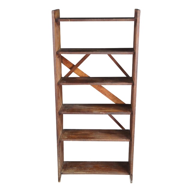 Late 20th Century Primitive Oak 6 Shelf Library Bookcase Bookshelf Office Console 58" For Sale
