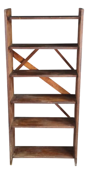 Late 20th Century Primitive Oak 6 Shelf Library Bookcase Bookshelf Office Console 58"
