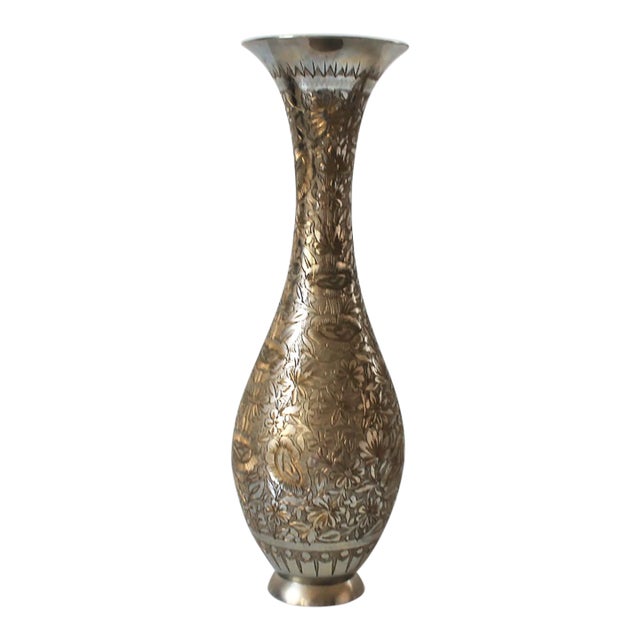Vintage Hand-Etched Brass Vase For Sale