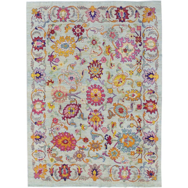 Modern Oushak Handmade Multicolor Floral Pattern Oversize Blue Wool Rug For Sale - Image 10 of 10
