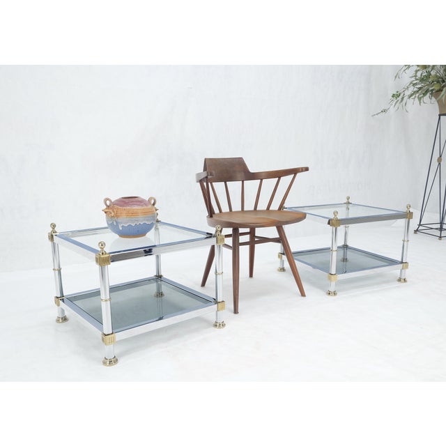 Pair of Square Chrome & Brass Smoked Glass Two Tier End Side Tables MINT! For Sale - Image 10 of 11