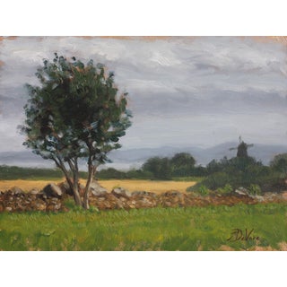 The Far Away Mill by Michael DeVore | Oil on panel Landscape with trees and a distant windmill For Sale