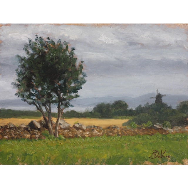 The Far Away Mill by Michael DeVore | Oil on panel Landscape with trees and a distant windmill For Sale
