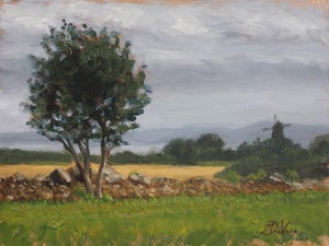 The Far Away Mill by Michael DeVore | Oil on panel Landscape with trees and a distant windmill