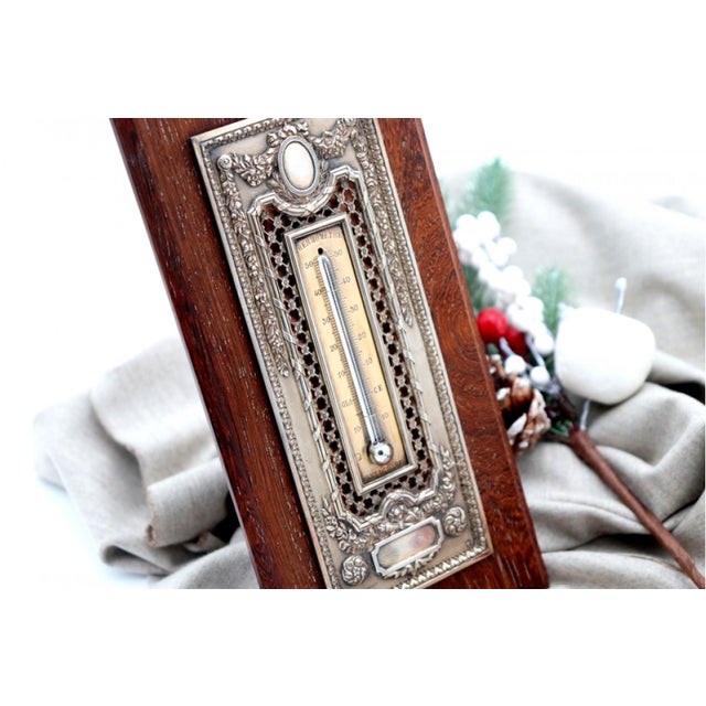 Cut-Out Silver Thermometer with Monogram Card and Wooden Base For Sale - Image 3 of 8