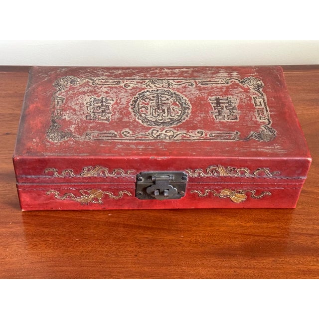 Chinoiserie Antique Late Qing–Early Republic Chinese Red Leather Wedding Box With Double Happiness Motif, C. 1900 For Sale - Image 3 of 12