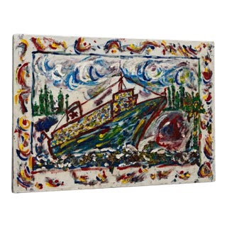 Colorful Mixed Media Boat Painting For Sale