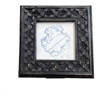 1980’s Original Wayne Cunningham Abstract Blue Ink Drawing Chunky Wood Tabletop Frame For Sale
