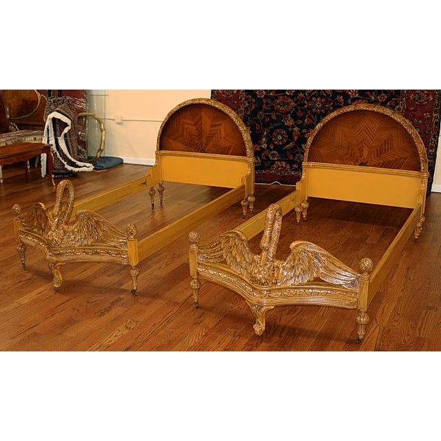 Pair of Swan Carved Paint Decorated & Inlaid Kingwood Twin Beds Circa