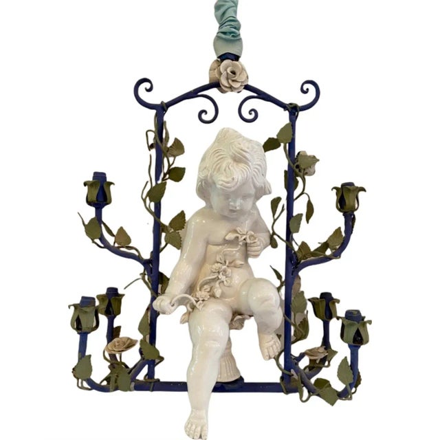 Vintage Italian Cherub Putti Tole Chandelier Floral 6 Light Ceiling Fixture For Sale - Image 12 of 12