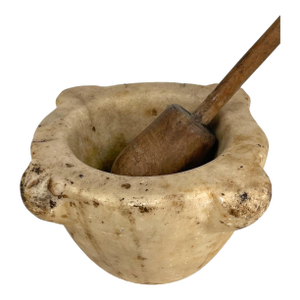 A Large Carved White Marble Mortar & Wooden Pestle
