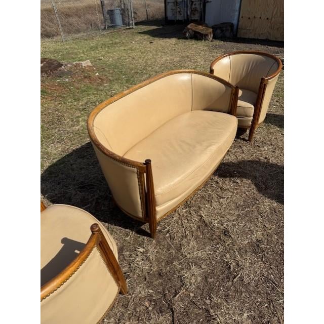 Sienna 1940s French Art Deco Leather Solid Mahogany Barrel Back Club Chairs and Settees - A Set of 3 Piece For Sale - Image 8 of 17