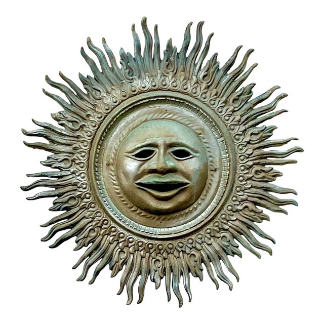 Vintage Boho Monumental Patinated Cast Aluminum Sun Wall Sculpture For Sale