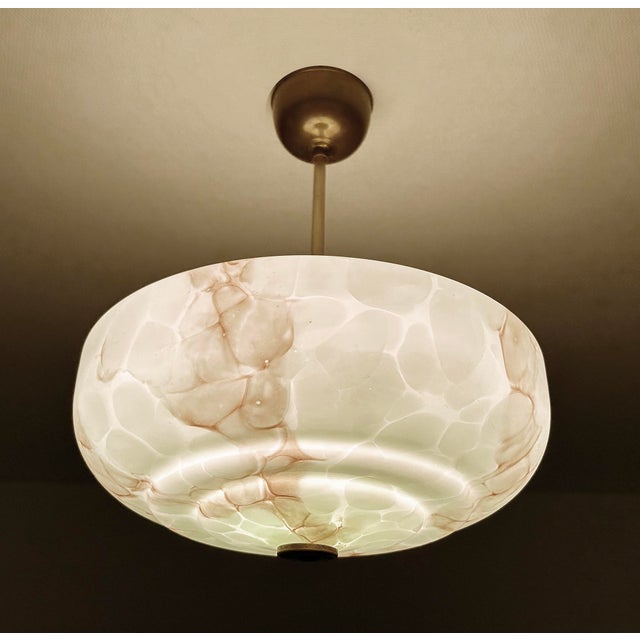 Metal Art Deco Pendant Light in Green Marble Glass, 1930s For Sale - Image 7 of 18