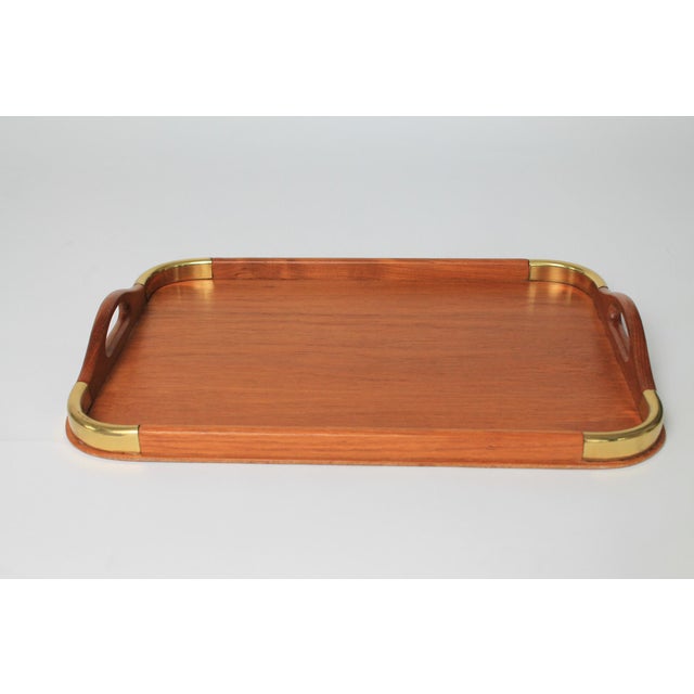 Vintage Teak & Brass Serving Tray For Sale - Image 4 of 11
