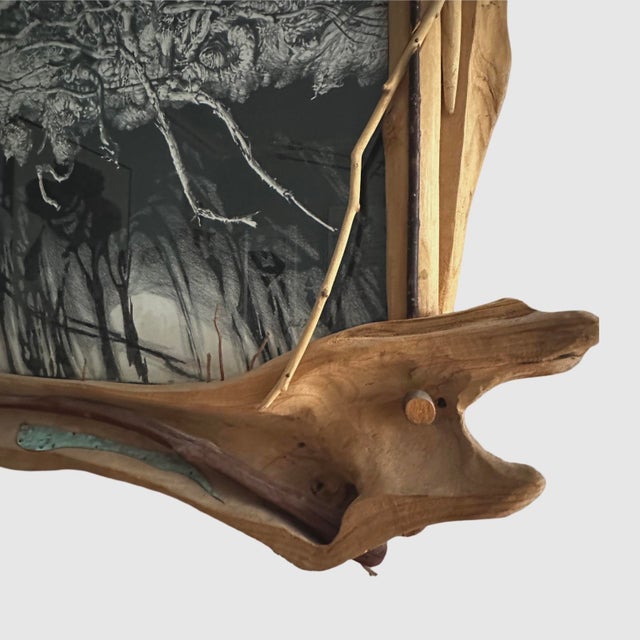 Wood Paul Gorka (American, 1931-2020) - Surrealist Landscape Charcoal Drawing in Hand Carved Sculptural Frame, Signed For Sale - Image 7 of 12