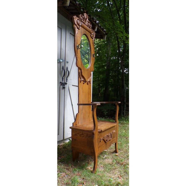 Arts & Crafts Antique Arts & Crafts Solid Oak Hall Tree Entry Bench Beveled Mirror Coat Rack For Sale - Image 3 of 14
