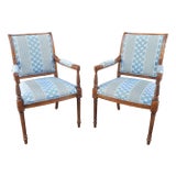 Late 20th Century Pair of French Directoire Style Carved Walnut and Upholstered Armchairs For Sale