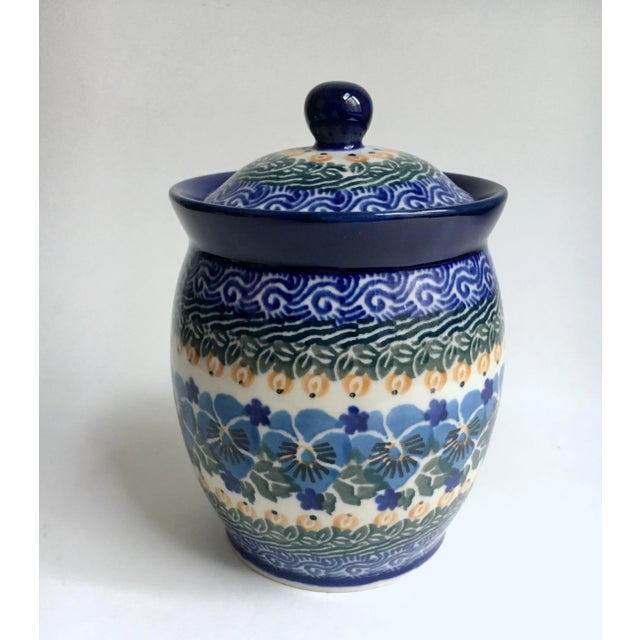 Vintage Maria Starzyk Hand Painted Bue "Pansy" Pottery Lidded Jar For Sale - Image 12 of 12
