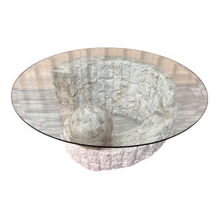 Vintage Postmodern Natural Mactan Stone Round Coffee Table With Glass Top For Sale