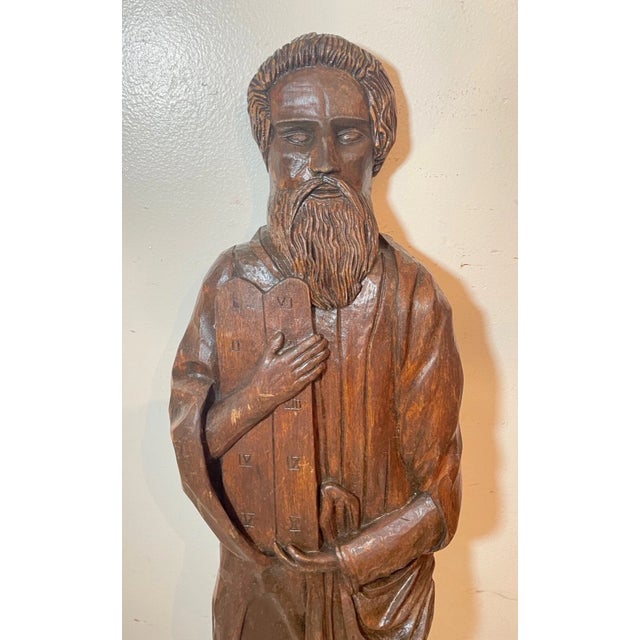 1920s Large Antique Religious Hand Carved Wood Moses Folk Art Sculpture Statue Figure For Sale In New York - Image 6 of 9