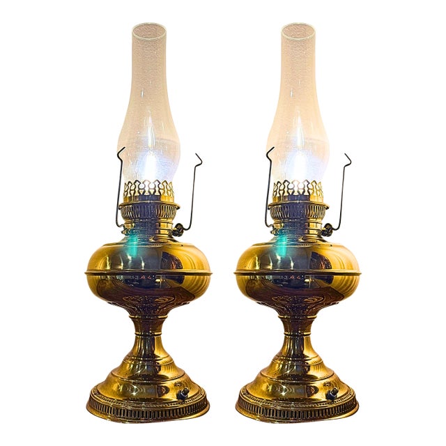 1910s Antique Pair Brass Oil Lamps**Glass Chimneys, Rayo, Electrified**OBO - a Pair For Sale