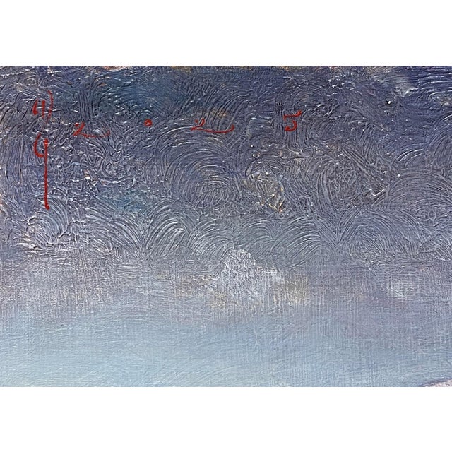 This artwork presents a serene view of the Sangre de Cristo Mountains, their snow-capped peaks contrasting against a deep,...