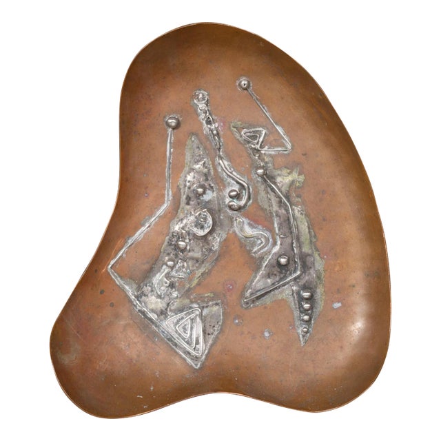 Mid-Century Copper and Silver Applique Dish C.1960 For Sale