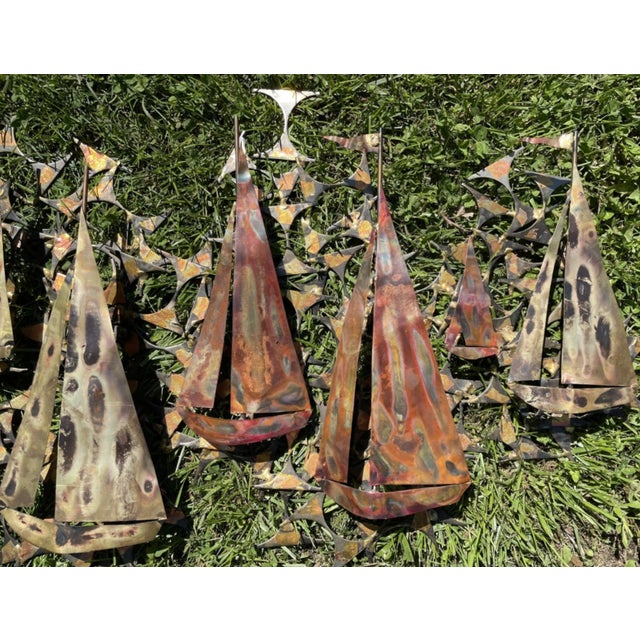 Marc Weinstein Vintage MCM Marc Creates Brutalist Metal Sailboat Wall Sculpture 32" Long For Sale - Image 4 of 6