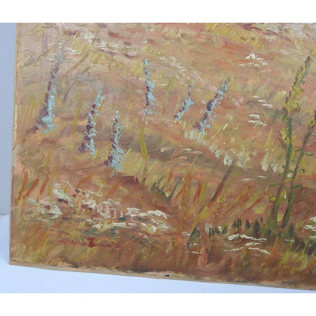 Vintage mid 20th century oil on artist board impressionist meadow and trees landscape painting. Signed illegibly lower...