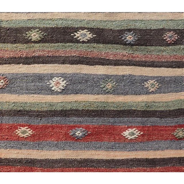 Copper Mid 20th Century Turkish Vintage Kilim Striped Runner With Tribal Motifs in Copper and Greens For Sale - Image 8 of 12