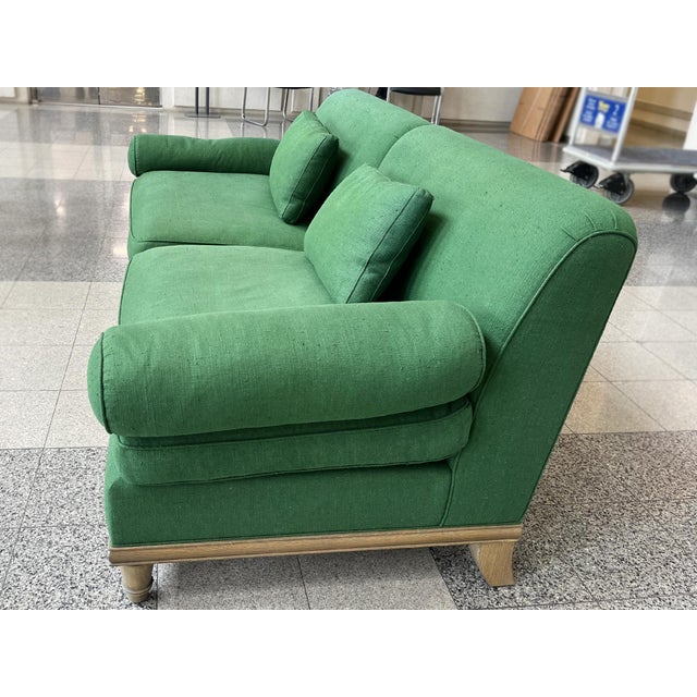 Green Custom Carved Oak & Green Linen Sofa by Steven Gambrel For Sale - Image 8 of 18