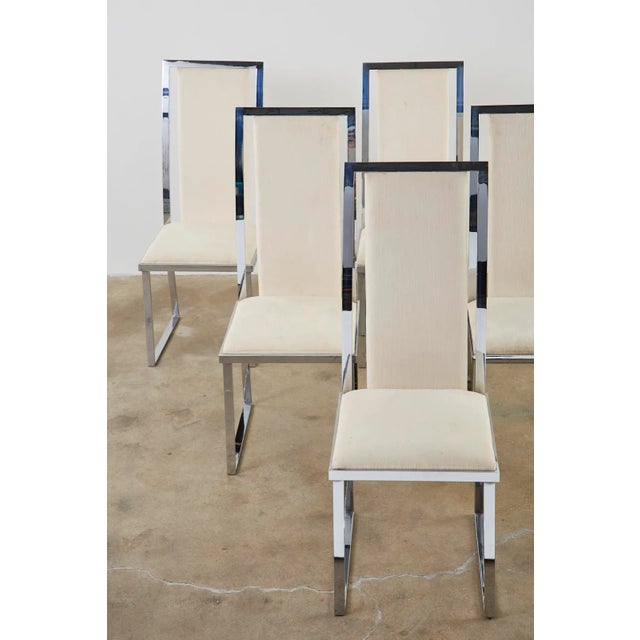 Hollywood Regency Set of Six Pierre Cardin Flat Bar Chrome Dining Chairs For Sale - Image 3 of 13
