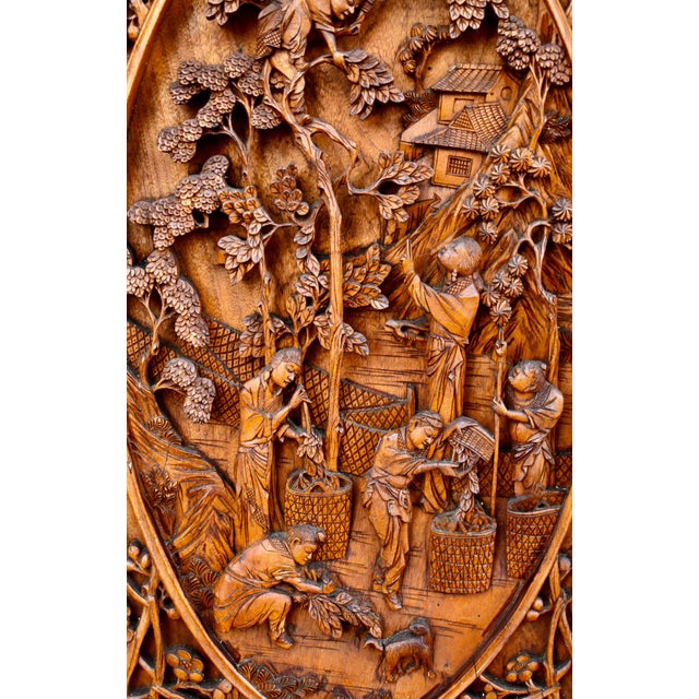 Brown Vintage Wood Wall Plaque Chinese Hand Carved Panel High Relief Figural Asian 3d For Sale - Image 8 of 16