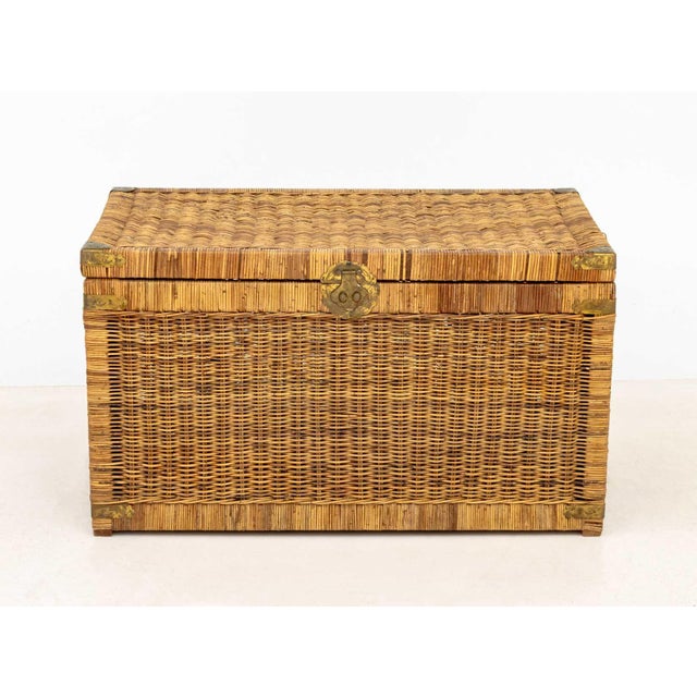 Chinese Brass Mounted Woven Wicker Chest, mid 20th century, brass mounted corners, handles, and clasp with bird motif....