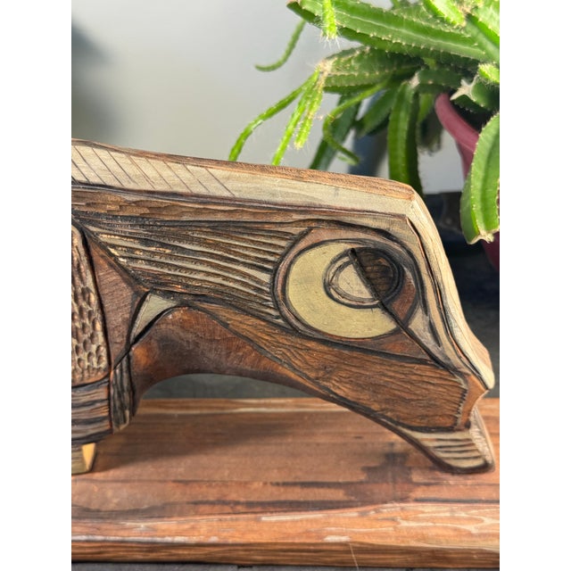 Brown Vintage 1970s MCM Wood Bison Sculpture Herbert H Sandmann Double Sided Carving - One of a Kind - 15.5" For Sale - Image 8 of 9