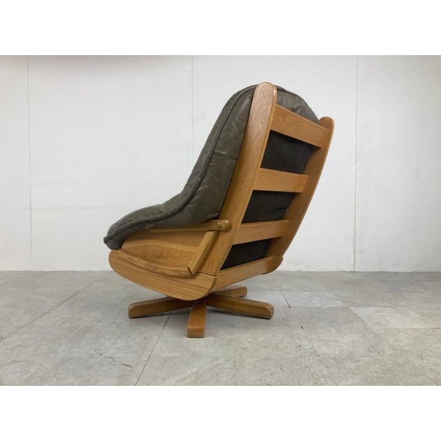 Brutalist Oak and Leather Swivel Chair, 1970s For Sale - Image 11 of 12
