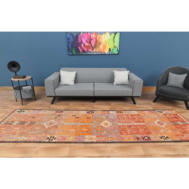 Red 1970s Vintage Turkish Handmade Wool Cotton Orange Runner Rug For Sale - Image 8 of 11