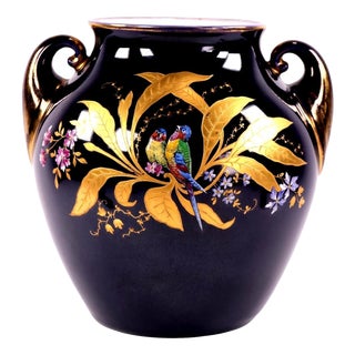 Antique Cobalt Blue Porcelain Twin-Handled Parrot Vase from Fraureuth, 1920s For Sale