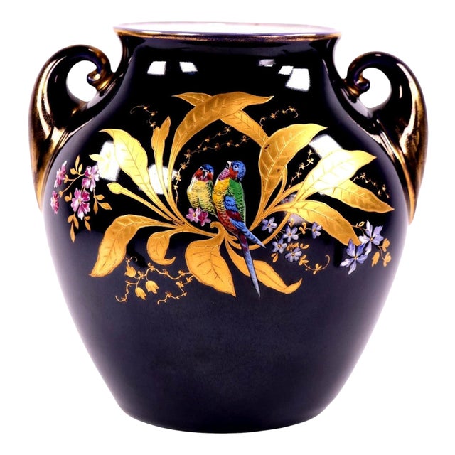 Antique Cobalt Blue Porcelain Twin-Handled Parrot Vase from Fraureuth, 1920s For Sale