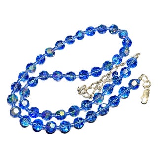 MCM Jewelry in Swarovski Styled Leaded Crystal Cornflower Blue Necklace With Aurora Borealis Peacock Iridescence Sterling Silver Clasp For Sale