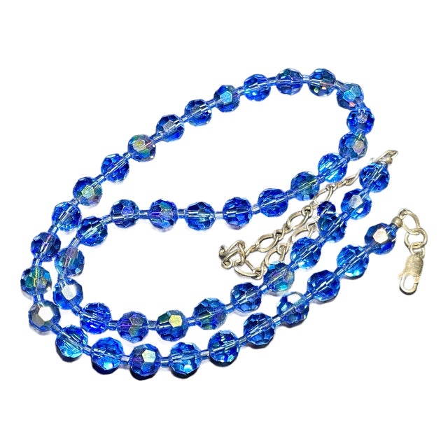 MCM Jewelry in Swarovski Styled Leaded Crystal Cornflower Blue Necklace With Aurora Borealis Peacock Iridescence Sterling Silver Clasp For Sale