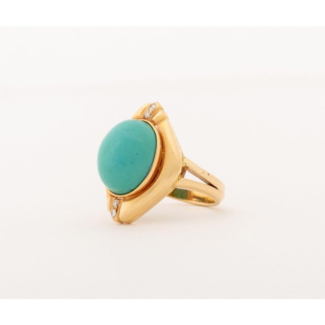 Vintage Modernist 14k Yellow Gold Turquoise Diamond Ring For Sale - Image 4 of 7