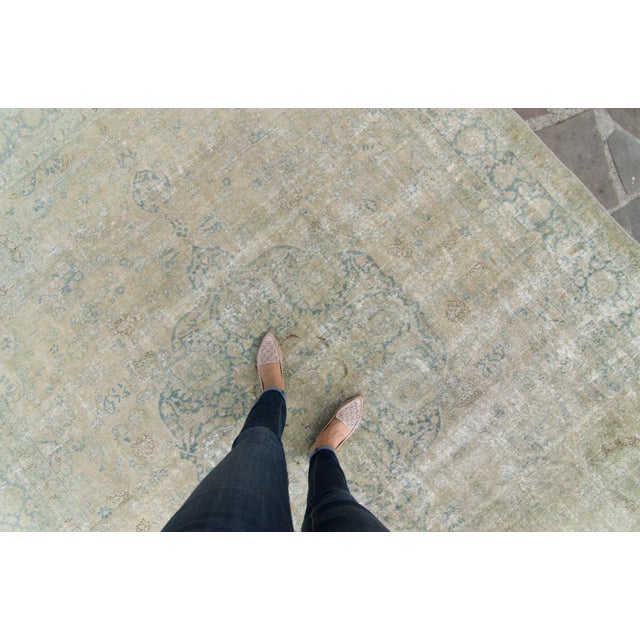 Sage green and Prussian blue whisper throughout this handsome antique distressed rug. Even though this rug may appear...