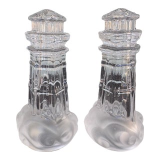 Vintage Lenox Full Lead Crystal Lighthouse Salt & Pepper Shakers, Frosted Base, Coastal Table Decor For Sale
