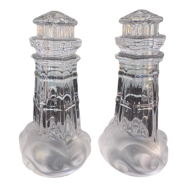 Vintage Lenox Full Lead Crystal Lighthouse Salt & Pepper Shakers, Frosted Base, Coastal Table Decor For Sale