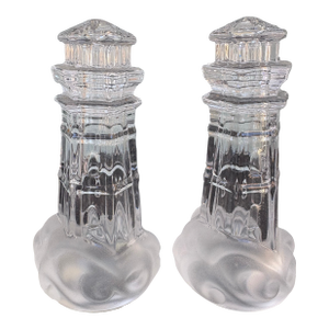 Vintage Lenox Full Lead Crystal Lighthouse Salt & Pepper Shakers, Frosted Base, Coastal Table Decor