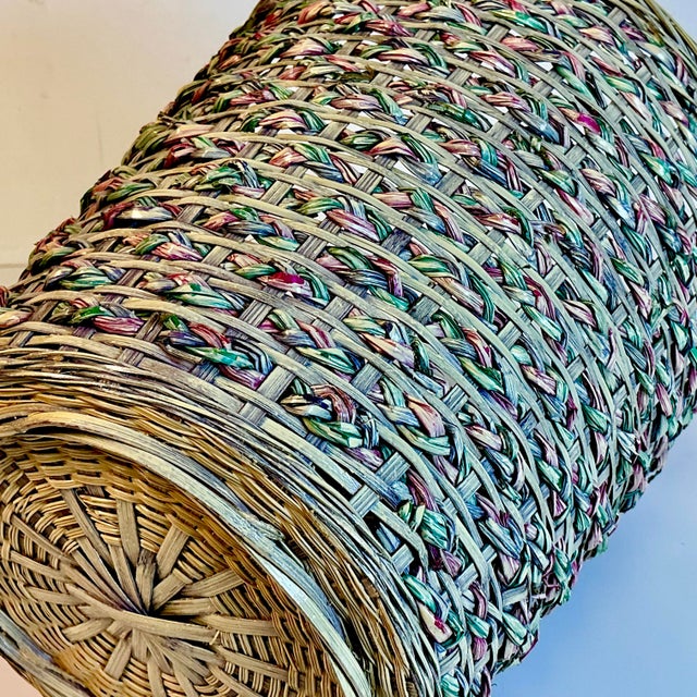 1970s Vintage Boho Chic Coastal Colorful Dyed Wicker Wastebasket. For Sale - Image 12 of 12